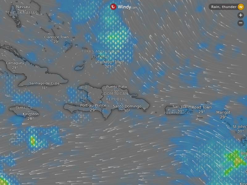Lluvia y tormentas sobre RD y el Caribe (Windy)