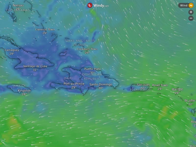 Viento en tiempo real sobre RD y el Caribe (Windy)
