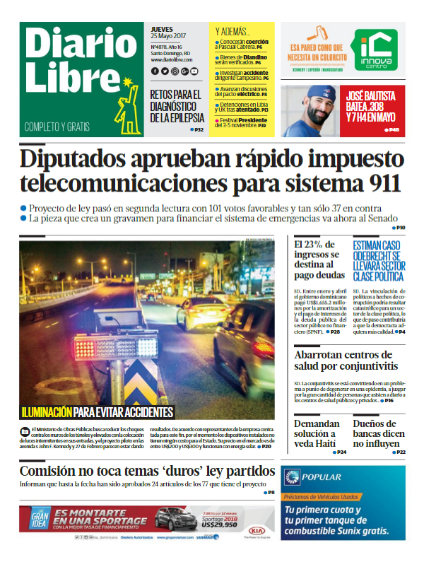 Portada Diario Libre, Jueves 25 de Mayo del 2017