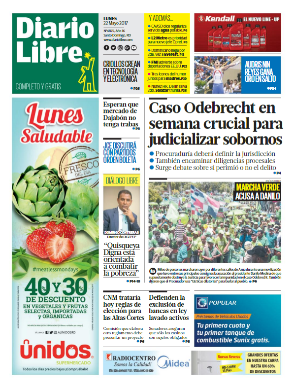 Portada Diario Libre, Lunes 22 de Mayo del 2017