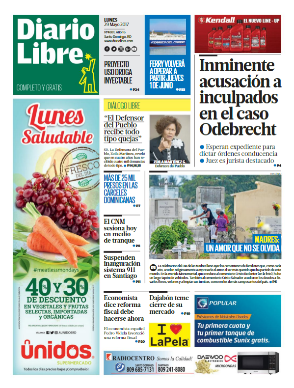 Portada Diario Libre, Lunes 29 de Mayo del 2017
