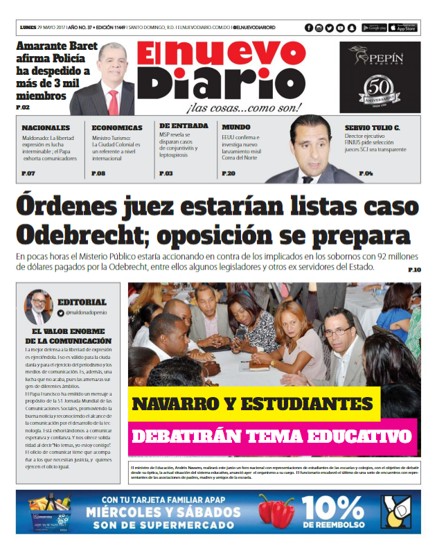 Portada El Nuevo Diario, Lunes 29 de Mayo del 2017
