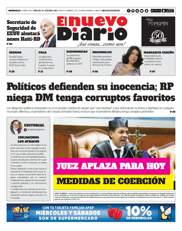 Portada El Nuevo Diario, Miércoles 31 de Mayo del 2017