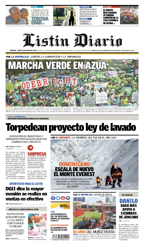 Portada Listín Diario, Lunes 22 de Mayo del 2017
