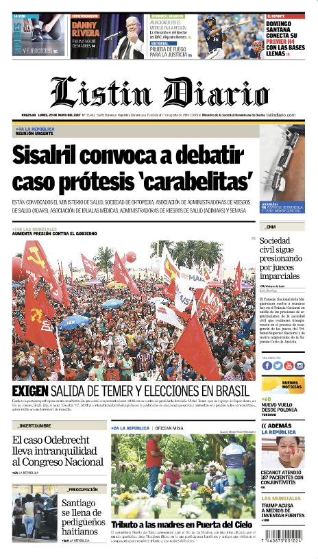 Portada Listín Diario, Lunes 29 de Mayo del 2017