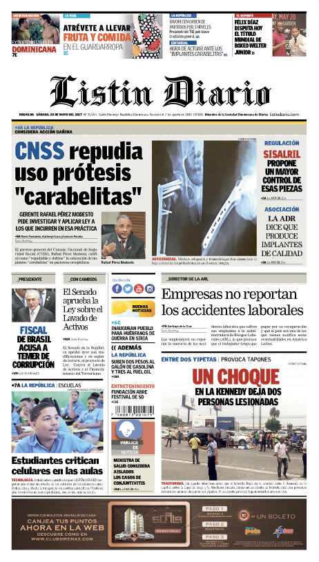 Portada Listín Diario, Sábado 20 de Mayo del 2017