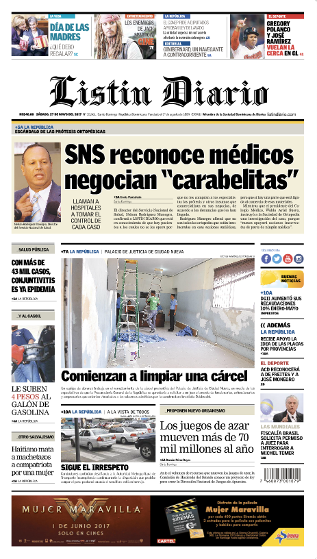 Portada Listín Diario, Sábado 27 de Mayo del 2017