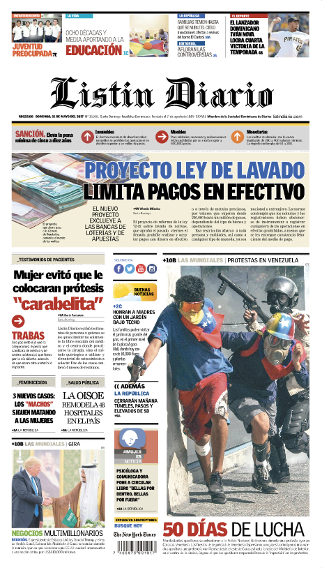 Portada Listín Diario, Domingo 21 de Mayo del 2017