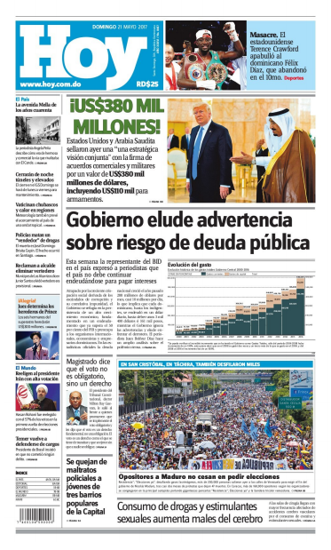 Portada Periódico Hoy, Domingo 21 de Mayo del 2017