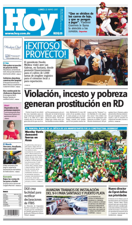 Portada Periódico Hoy, Lunes 22 de Mayo del 2017