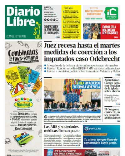 Portada Diario Libre, Jueves 1 de Junio del 2017