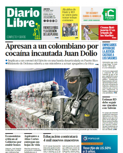 Portada Diario Libre, Jueves 15 de Junio del 2017