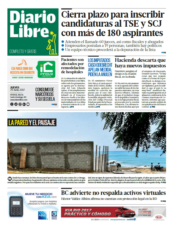 Portada Diario Libre, Jueves 29 de Junio del 2017