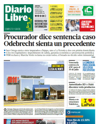 Portada Diario Libre, Jueves 8 de Junio del 2017