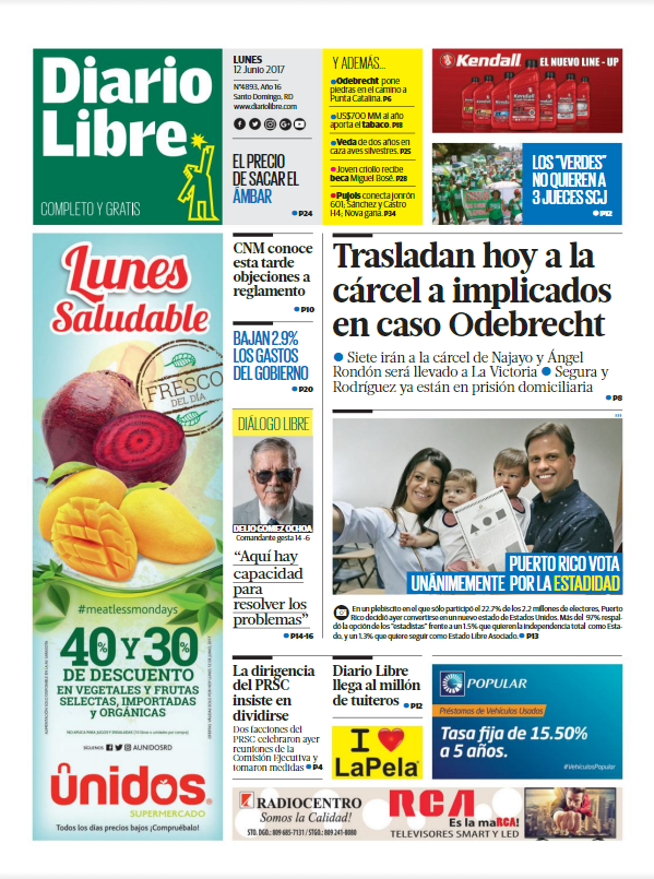 Portada Diario Libre, Lunes 12 de Junio del 2017