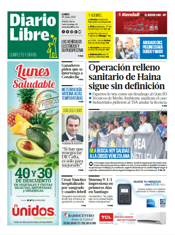 Portada Diario Libre, Lunes 19 de Junio del 2017