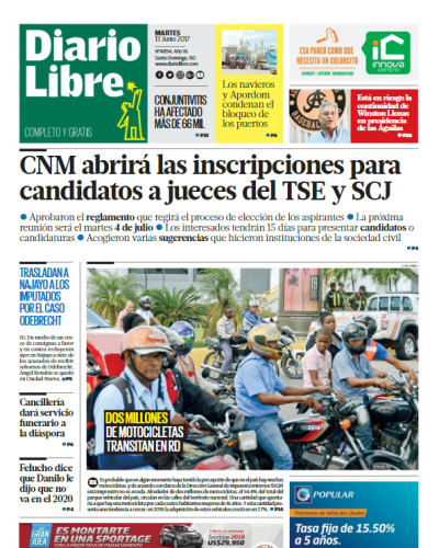 Portada Diario Libre, Martes 13 de Junio del 2017
