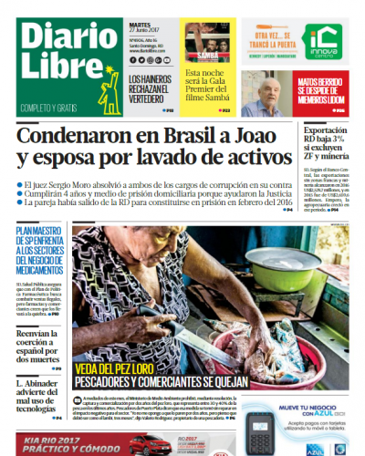 Portada Diario Libre, Martes 27 de Junio del 2017