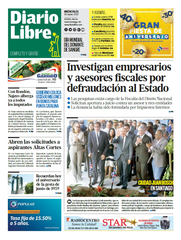 Portada Diario Libre, Miércoles 14 de Junio del 2017