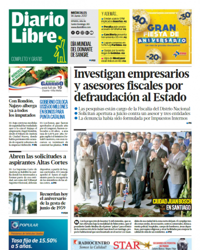Portada Diario Libre, Miércoles 14 de Junio del 2017