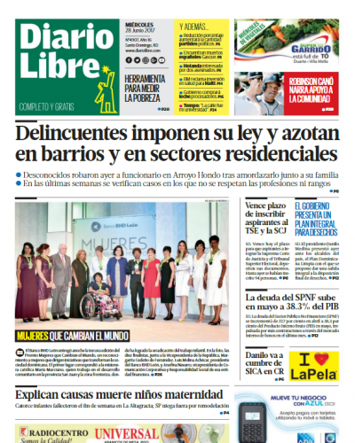 Portada Diario Libre, Miércoles 28 de Junio del 2017