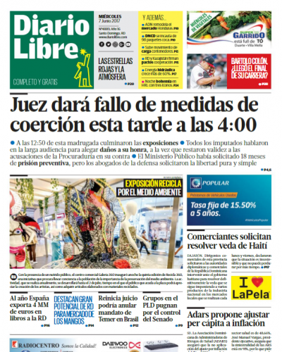 Portada Diario Libre, Miércoles 7 de Junio del 2017