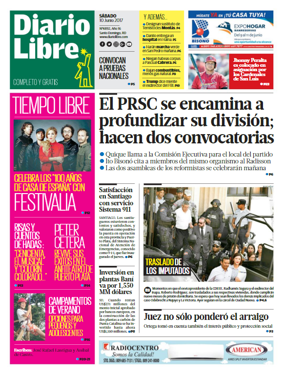 Portada Diario Libre, Sábado 10 de Junio del 2017