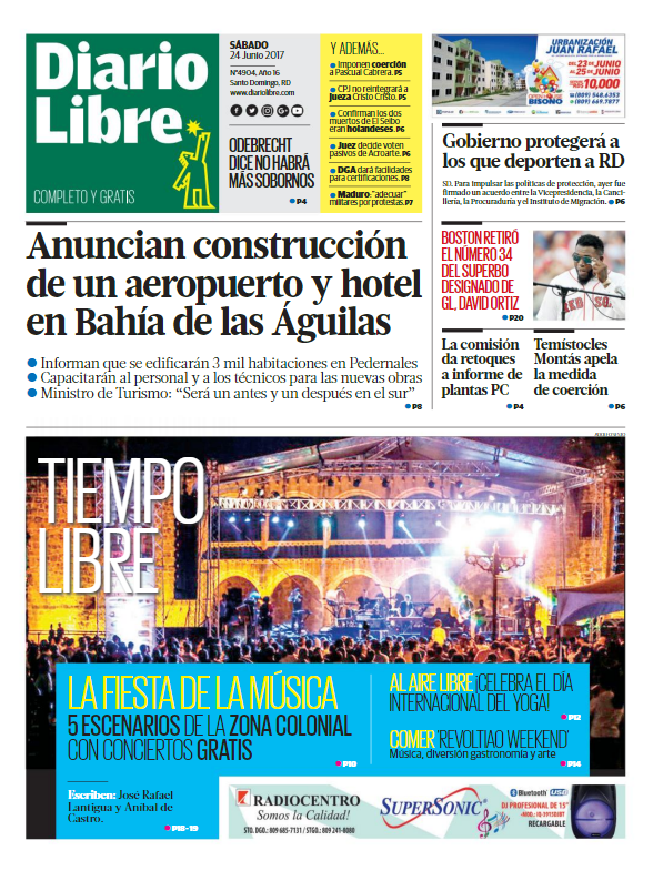 Portada Diario Libre, Sábado 24 de Junio del 2017