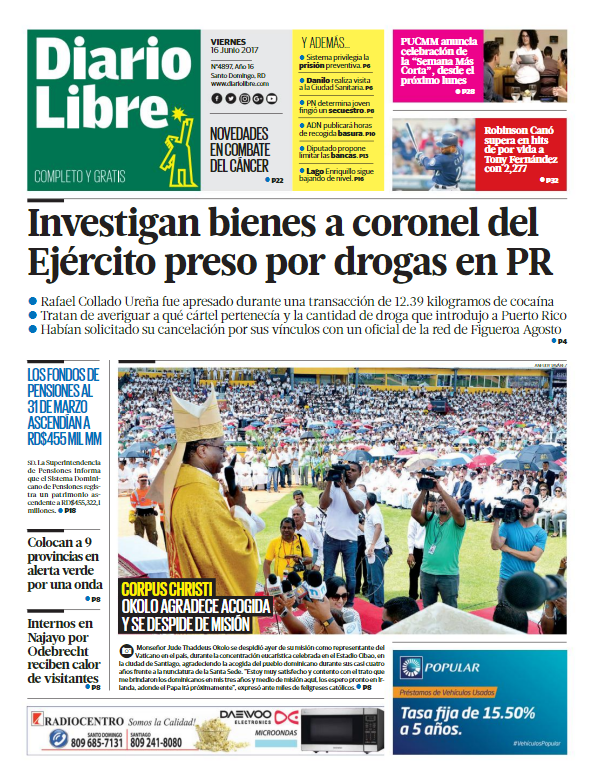 Portada Diario Libre, Viernes 16 de Junio del 2017