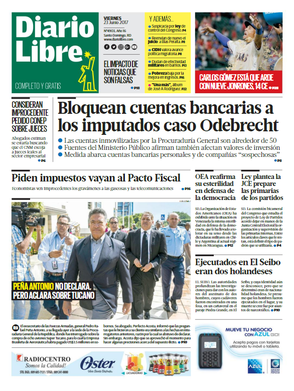 Portada Diario Libre, Viernes 23 de Junio del 2017