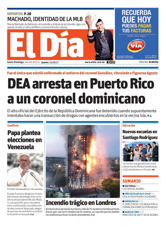 Portada El Día, Jueves 15 de Junio del 2017