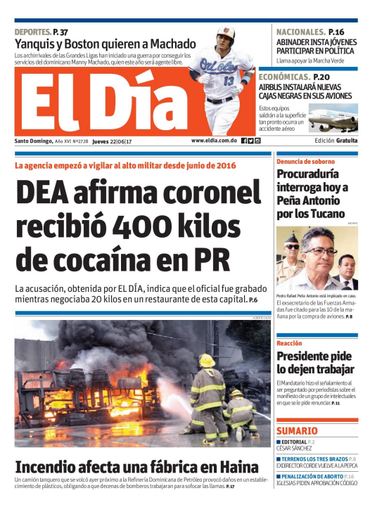 Portada El Día, Jueves 22 de Junio del 2017