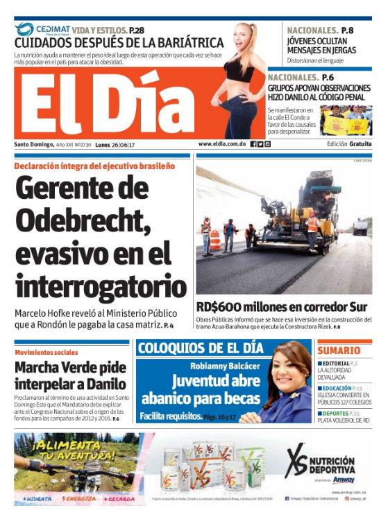 Portada El Día, Lunes 26 de Junio del 2017