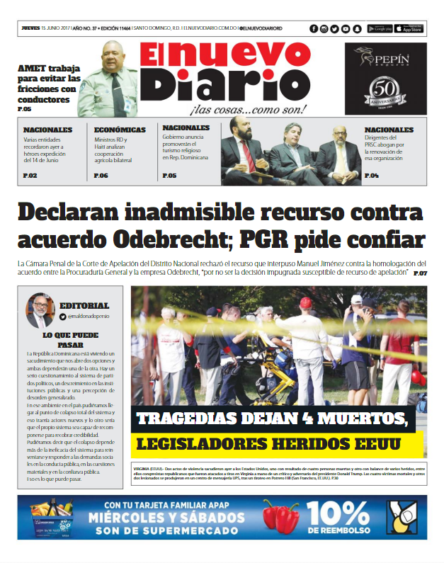 Portada El Nuevo Diario, Jueves 15 de Junio del 2017