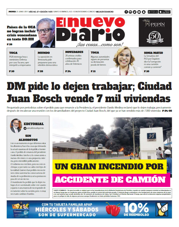 Portada El Nuevo Diario, Jueves 22 de Junio del 2017