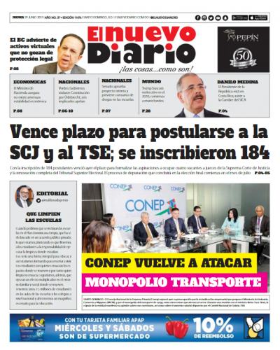 Portada El Nuevo Diario, Jueves 29 de Junio del 2017