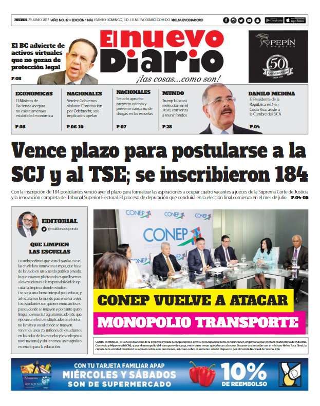 Portada El Nuevo Diario, Jueves 29 de Junio del 2017