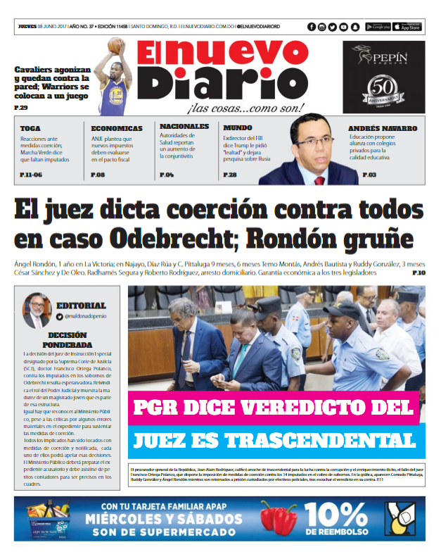 Portada El Nuevo Diario, Jueves 8 de Junio del 2017