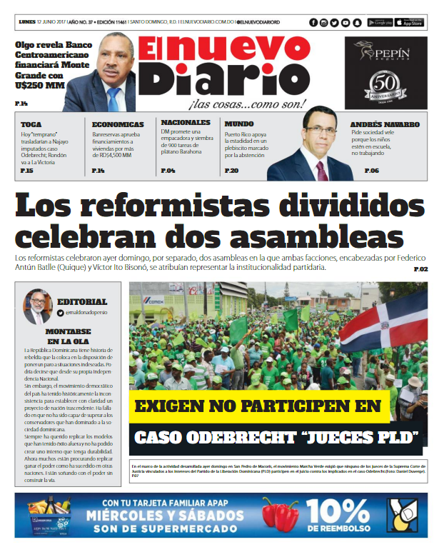 Portada El Nuevo Diario, Lunes 12 de Junio del 2017