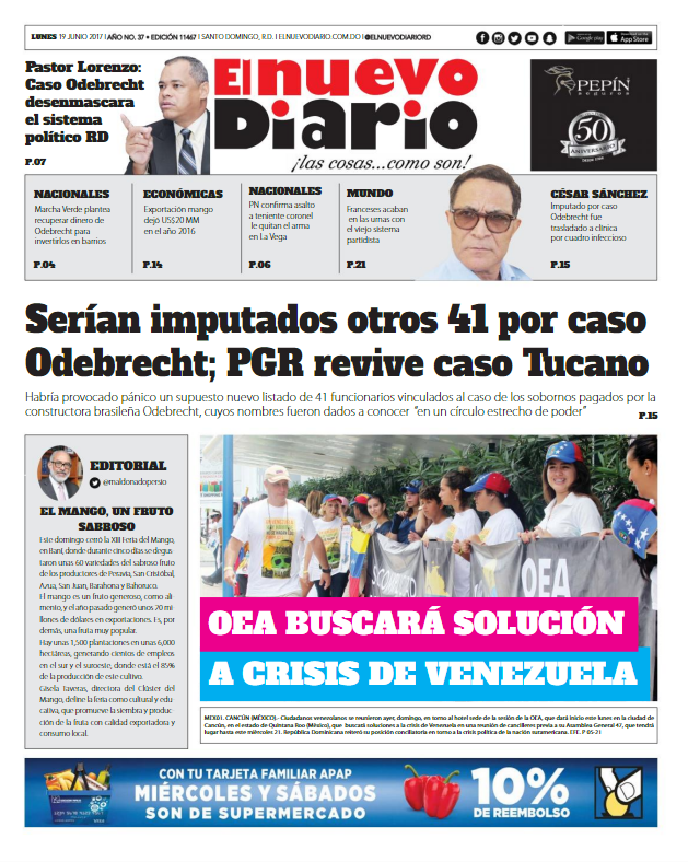 Portada El Nuevo Diario, Lunes 19 de Junio del 2017