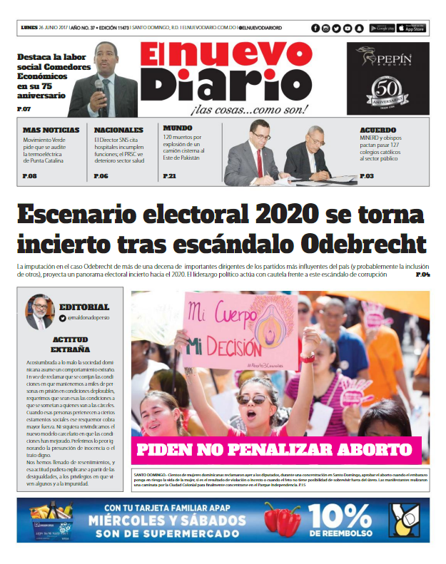 Portada El Nuevo Diario, Lunes 26 de Junio del 2017