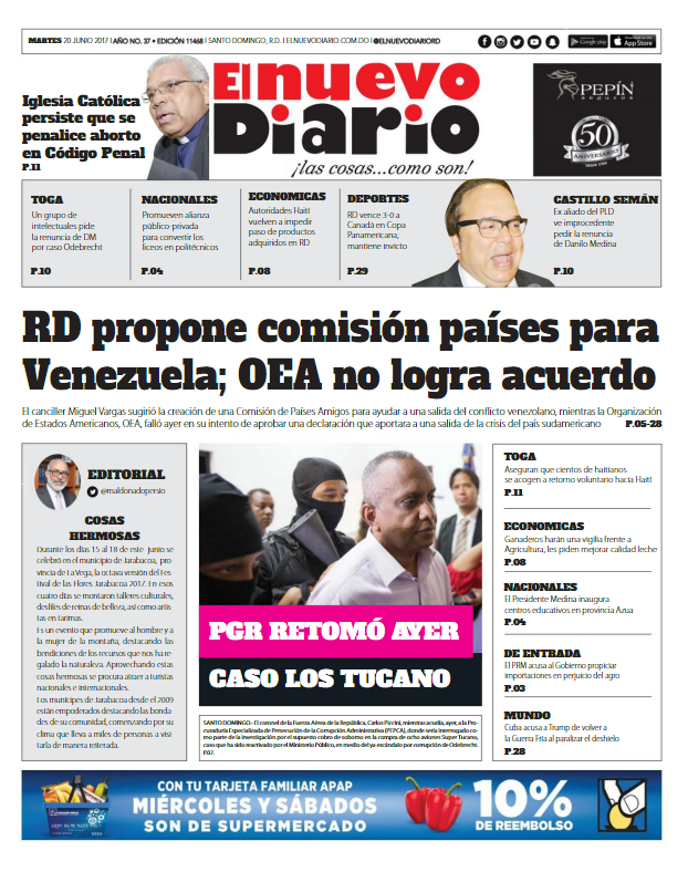 Portada El Nuevo Diario, Martes 20 de Junio del 2017