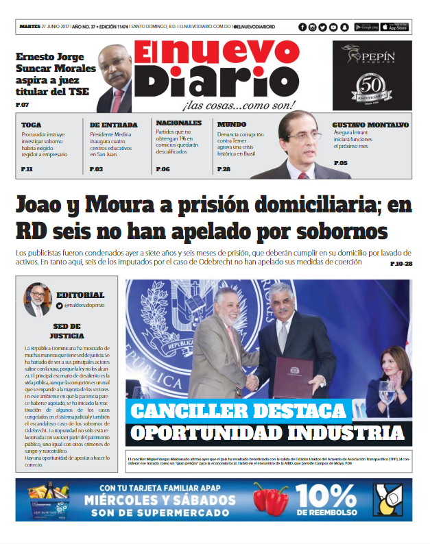 Portada El Nuevo Diario, Martes 27 de Junio del 2017