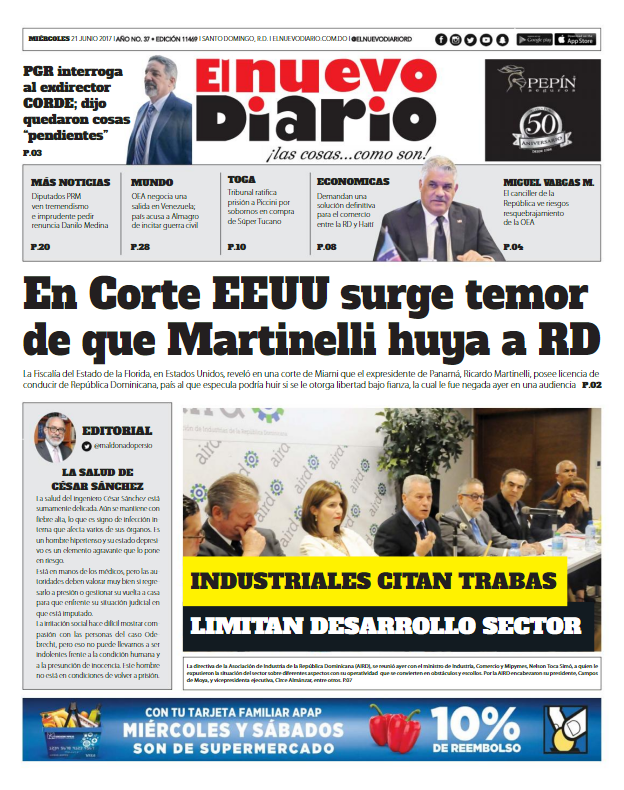 Portada El Nuevo Diario, Miércoles 21 de Junio del 2017