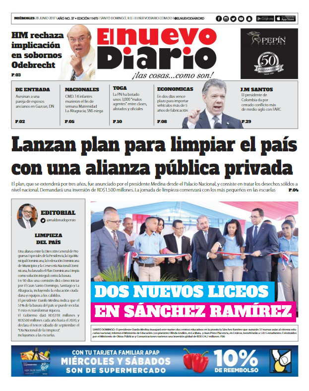 Portada El Nuevo Diario, Miércoles 28 de Junio del 2017