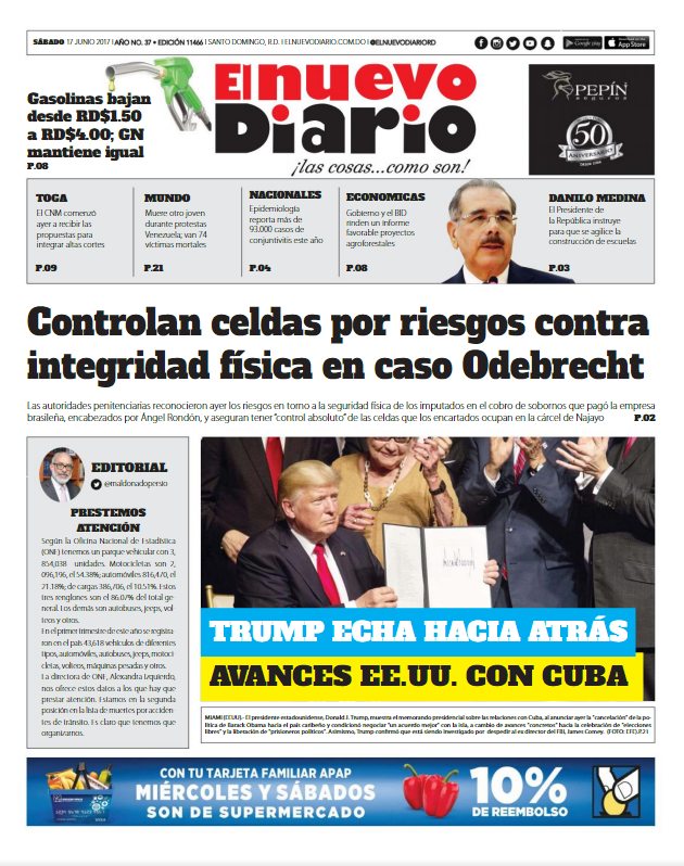 Portada El Nuevo Diario, Sábado 17 de Junio del 2017