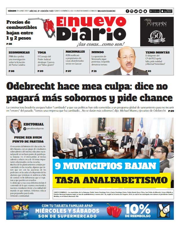 Portada El Nuevo Diario, Sábado 24 de Junio del 2017