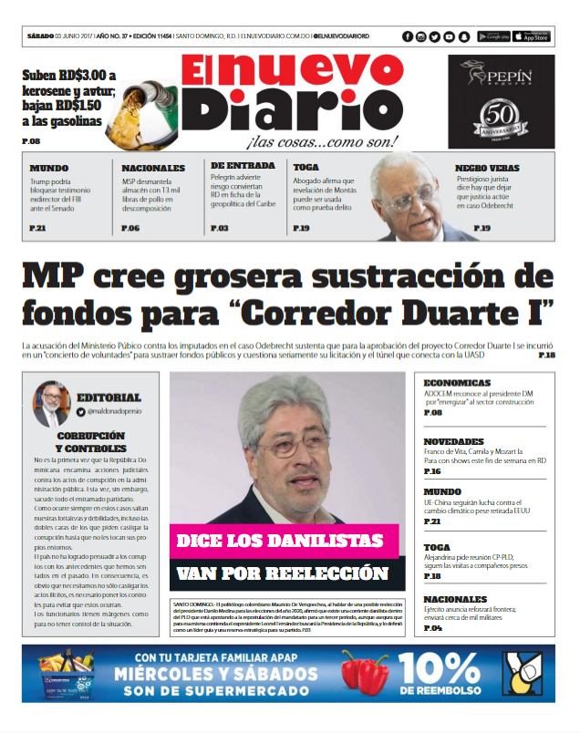 Portada El Nuevo Diario, Sábado 3 de Junio del 2017