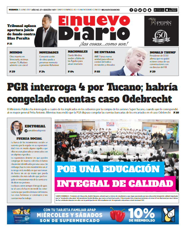 Portada El Nuevo Diario, Viernes 23 de Junio del 2017