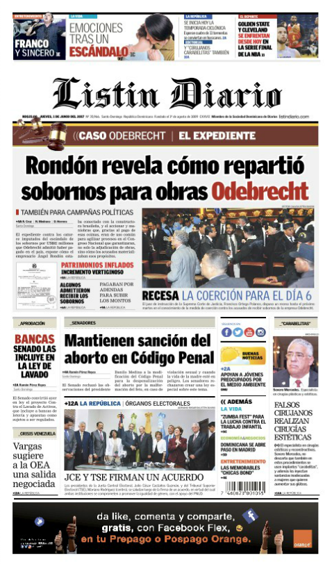Portada Listín Diario, Jueves 1 de Junio del 2017